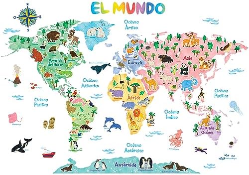DECOWALL SG2-1615SES Spanish Animal World Map Kids Wall Stickers Decals mapa del Mundo Animal Peel...
