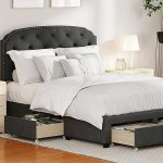 DG Casa Argo Tufted Upholstered Panel Bed Frame with Storage Drawers and Nailhead Trim Headboard,...