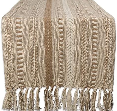 DII Farmhouse Braided Stripe Table Runner Collection, 15x72 (15x77, Fringe Included), Stone