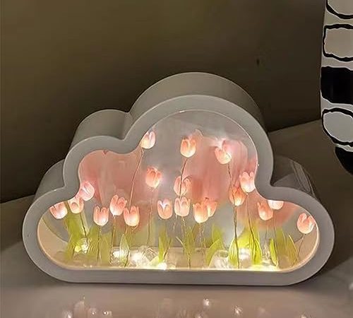DIY Cloud Tulip Mirror Night Light, Simulation Flower Bedroom Cloud Tulip Table Lamp, Creative Home...