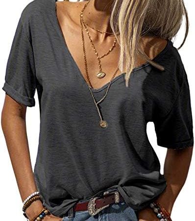 Danedvi Women Fashion Deep V-Neck Short Sleeve Tops Solid Casual Loose Basic T Shirt