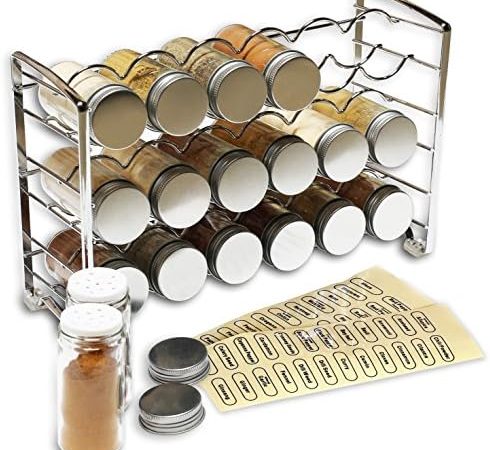 DecoBros Spice Rack Stand holder with 18 bottles and 48 Labels, Chrome