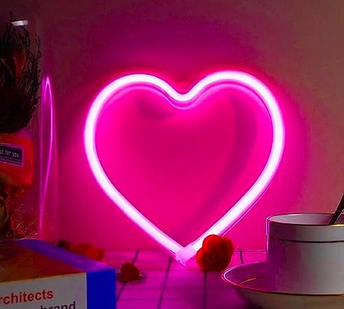 EXF Pink Heart Neon Sign, LED Light Battery Operated or USB Powered Decorations Lamp, Table and Wall...