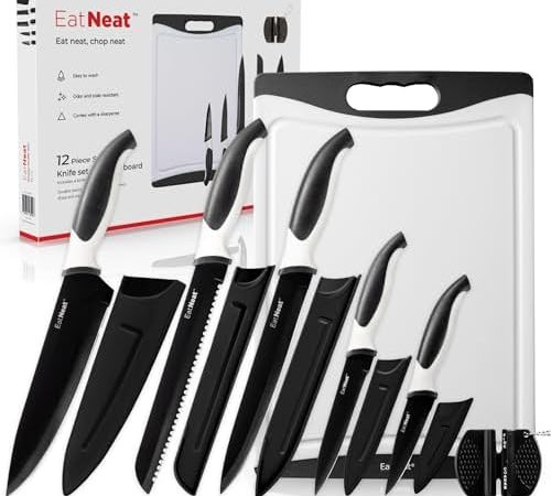 EatNeat 12-Piece Knife Set: Ergonomic Sleek Black Non-Stick Coated Stainless Steel Knives,...