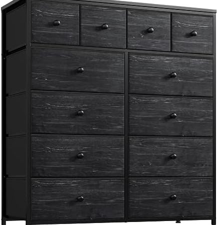 EnHomee Black Dresser for Bedroom with 12 Drawers, Bedroom Dresser with Wooden Top and Metal Frame,...