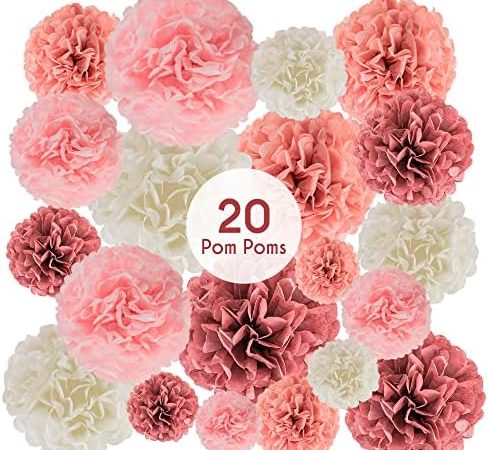 EpiqueOne 20 Piece Tissue Paper Pom Poms | Blush Pink, Dusty Rose, Mauve & Cream | Colorful Paper...