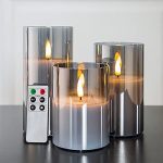 Eywamage Grey Glass Flameless Candles with Remote Battery Operated Flickering LED Pillar Candles...