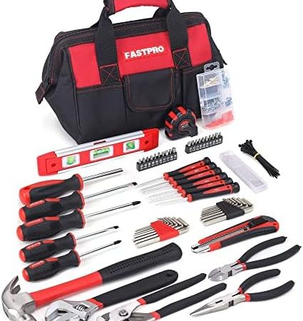 FASTPRO 215-Piece Home Repairing Tool Set with 12-Inch Wide Mouth Open Storage Bag,Household Hand...