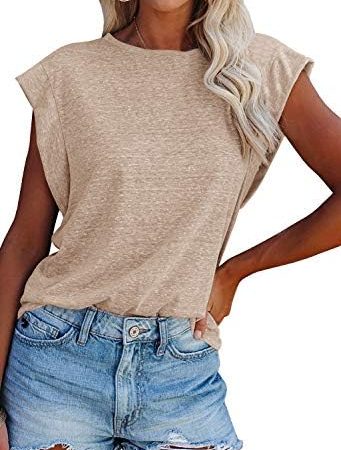 FISACE Womens Summer Crew Neck Cap Sleeve Tank Tops Casual Loose Fit Basic Shirts Blouses