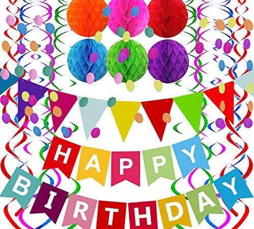 Fecedy Happy Birthday Banner with Colorful Paper Flag Bunting Paper Circle Confetti Garland Swirl...
