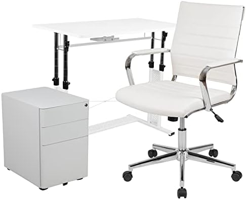 Flash Furniture Work From Home Kit - White Adjustable Computer Desk, LeatherSoft Office Chair and...