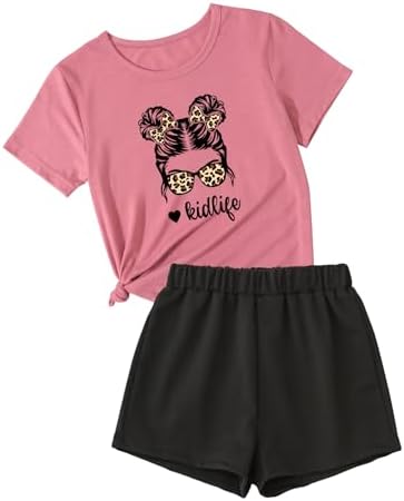 Floerns Girl's 2 Piece Outfit Printed Short Sleeve Tee Shirt Track Shorts Set