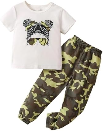 Floerns Girl's 2 Piece Outfit Tee Shirt with Camo Print Jogger Pants Set