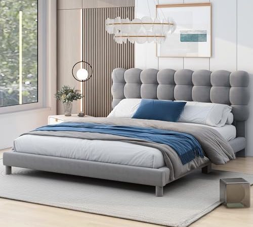 Full Size Velvet Fabric Upholstered Platform Bed with Soft Headboard,Modern Bedroom Wood Bed Frame...