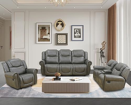 GEBADOL Manual Leather Recliner Sofa Set,Living Room Furniture Set, Leather Couch Set with Storage...