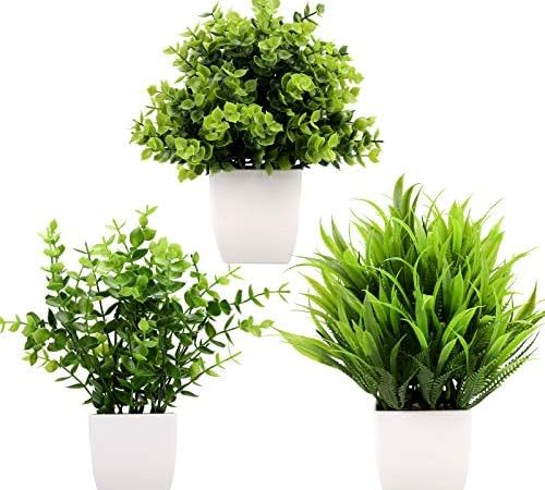GREENTIME 3Pack Mini Fake Plants in Pots,Artificial Plastic Eucalyptus Plants,Wheat Grass Potted...