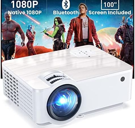 GROVIEW Projector, 1080P Bluetooth Mini Projector with 100” Projector Screen, 9500 LUX Portable...