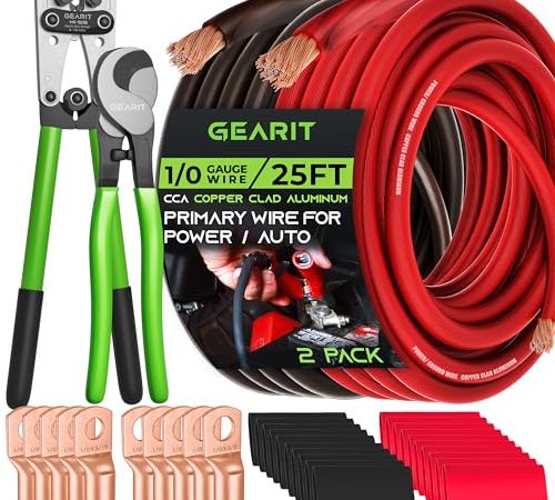 GearIT 0 Gauge CCA Ground Wire (25FT Each - Black and Red) All-in-One Kit: Crimping Tool, Cutter, 10...