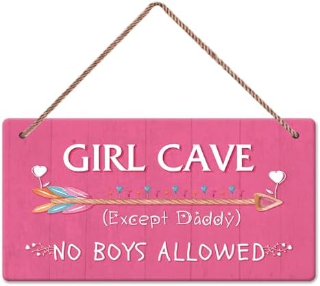 Girl Cave Sign Wooden Plaque Hanging Bedroom Decorations Kids Room Wall Decor No Boys Allowed Sign...