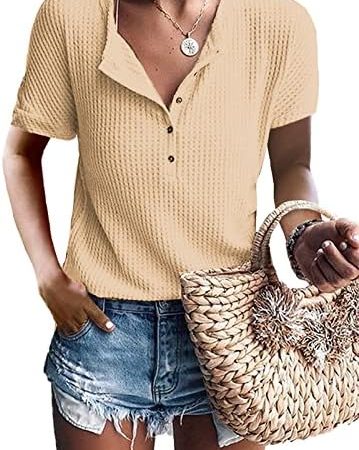 Glanzition Womens Tops Casual V Neck Button Up Loose Waffle Knit Tunic Henley Shirts