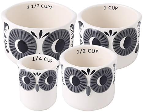 GoldenPlayer Ceramic Owl Measuring Cups Set of 4 for Cooking and Baking, Grey and White