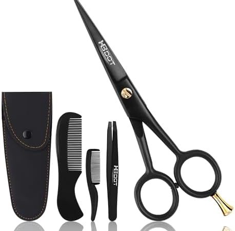 HB DOT - 5" Professional Black Mustache Scissors & Beard Scissors, With Black Tweezer German...