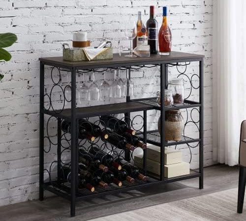 HOMBAZAAR Industrial Wine Rack Table with Glass Holder, Metal and Wood Wine Bar Cabinet with 20...