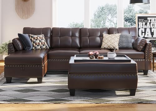 HONBAY Brown Leather Sectional Sofa with Ottoman - Easy Assembly, Storage Space