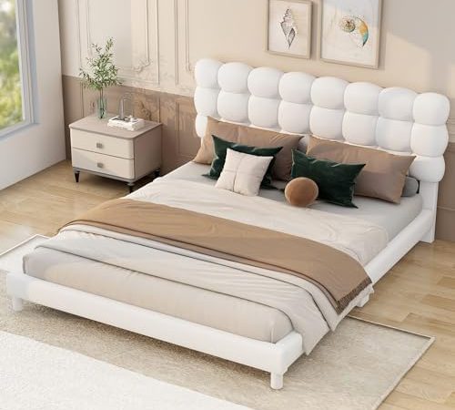 HZXINKEDZSW Full Size Cute Velvet Upholstered Platform Bed with Tufted Headboard, Wood Platform Bed...