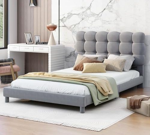 HZXINKEDZSW Twin Size Cute Velvet Upholstered Platform Bed with Tufted Headboard, Wood Platform Bed...