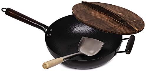 Hand Hammered Carbon Steel Wok with Wooden Lid & Asian Spatula with Wooden Handle - Stir Fry Pan for...
