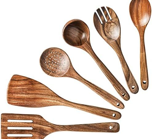Handmade Heavy Duty Big Large Wooden Spoon Set Wood - 6 pcs Teak Wooden Spoons for Cooking - Teak...