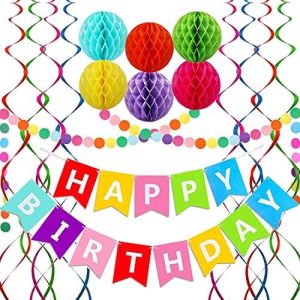 Happy Birthday Banner, Rainbow Birthday Banner, 6 Honeycomb Balls, 8 Metallic Hanging Swirls and...