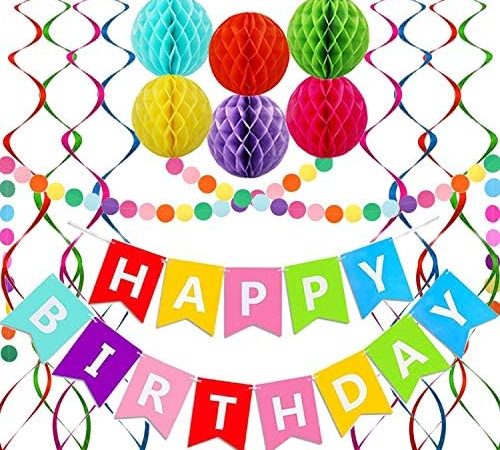 Happy Birthday Banner, Rainbow Birthday Banner, 6 Honeycomb Balls, 8 Metallic Hanging Swirls and...