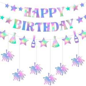 Happy Birthday Disco Party-Decorations Iridescent-Banner - 8pcs Neon Holographic Hanging Swirls...