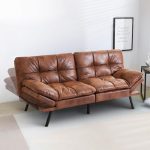 Hcore Convertible Futon Sofa Bed Brwon PU Memory Foam Loveseat,Small Euro Lounger Sofa for Compact...