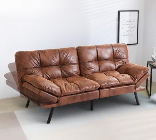 Hcore Convertible Futon Sofa Bed Brwon PU Memory Foam Loveseat,Small Euro Lounger Sofa for Compact...