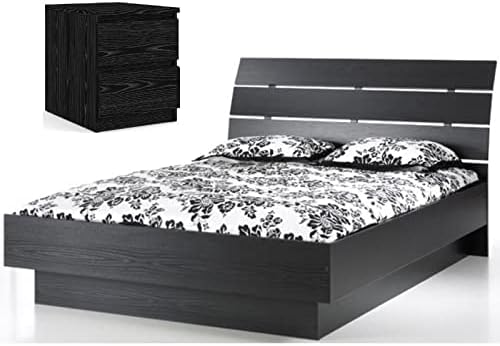 Home Square Contemporary 2 Piece Bedroom Set with Wood Platform Queen Bed and 2 Drawer Wood...