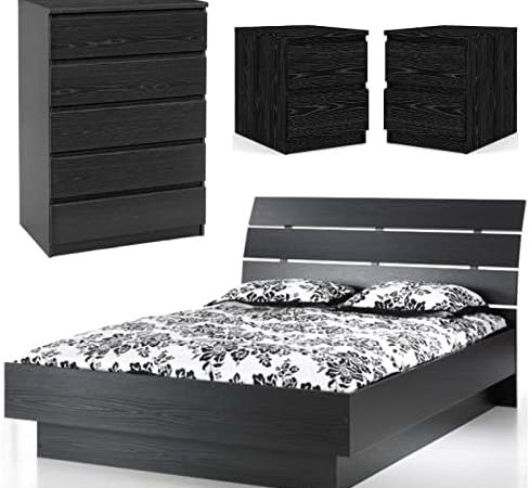 Home Square Contemporary 4 Piece Bedroom Set with Wood Platform Queen Bed and 2 Piece of 2 Drawer...
