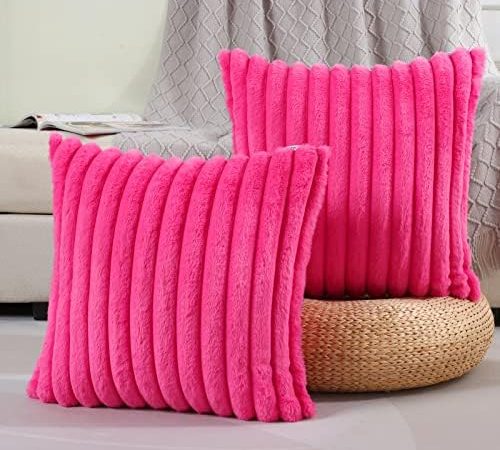 Hot Pink Striped Decorative Throw Pillow Covers 18x18 Inch Set of 2,Square Spring Decorations Couch...