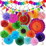 Huryfox Fiesta Party Decorations - 33pcs Colorful Mexican Themed Hanging Paper Fans, Rainbow Paper...