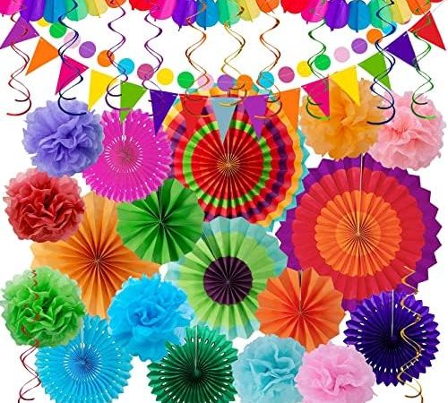 Huryfox Fiesta Party Decorations - 33pcs Colorful Mexican Themed Hanging Paper Fans, Rainbow Paper...