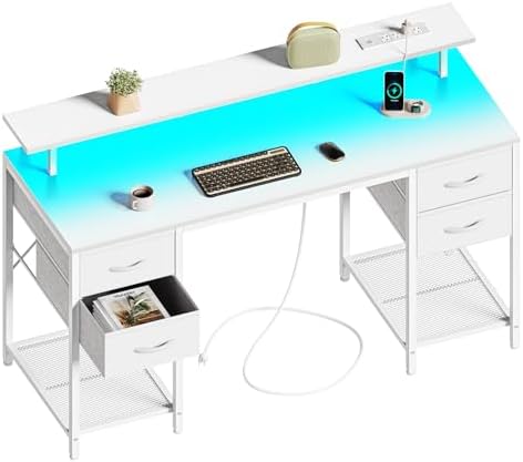 Huuger 55 inch Computer Desk with 4 Drawers, Gaming Desk with LED Lights & Power Outlets, Home...