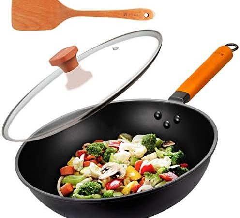 IAXSEE Wok Pan with Lid Woks and Stir Fry Pans 12 Inch Precision Cast Iron Chinese Wok & Flat Bottom...