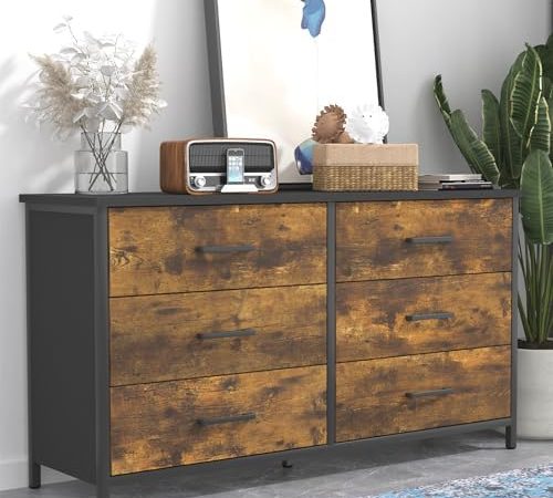 IKENO 6 Drawer Dresser, Industrial Wood Storage Dressers & Chests of Drawers with Sturdy Steel...