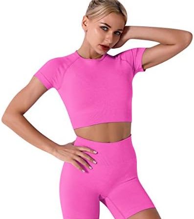 IMEKIS Women's Yoga Outfit Seamless Workout Set High Waist Exercise Shorts Pants with Sport Crop Top...