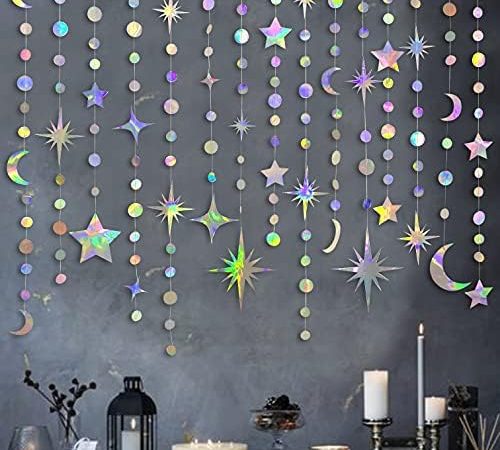 Iridescent Star Moon Circle Dot Garland Party Decoration Kit Hanging Crescent and Twinkle Little...