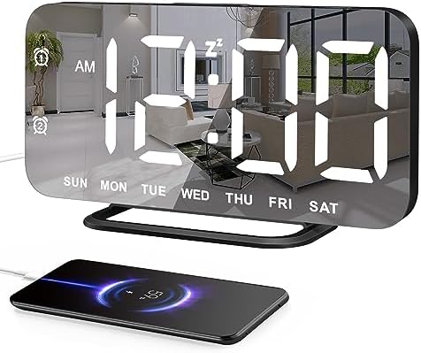 JALL Super Slim LED Digital Alarm Clock, Mirror Surface for Makeup, with Diming Mode, 4 Levels...