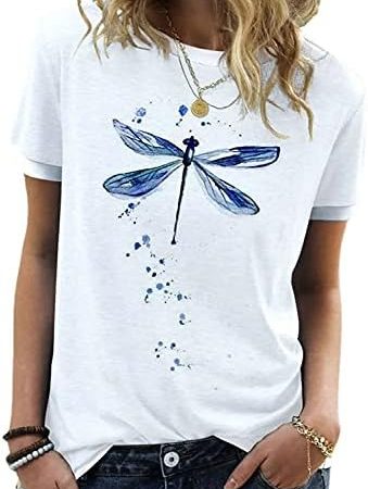 JNIFULI Women's Graphic Tees Casual Summer Funny Dragonfly Printed Short Sleeve Cute T Shirts Tops
