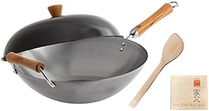 JOYCE CHEN Classic Series 14-Inch Uncoated Carbon Steel Wok Set with Lid and Birch Handles, 4 Pieces